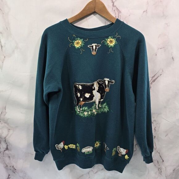 Vintage Sweatshirt Womens Large Green Cow Pig Chickens Farm Upcycled - Picture 1 of 12